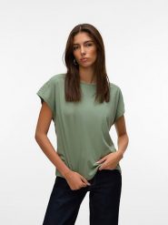 Vero Moda Koszulka w kolorze zielonym rozmiar: S. Zielone bluzki damskie Vero Moda, s, bez wzorów, z bawełny, bez kołnierzyka, bez ramiączek. Za 48.28 zł.