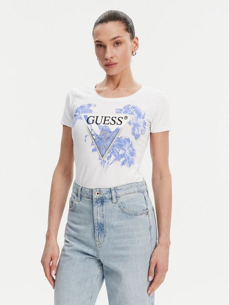 Guess T-Shirt W5GI08 J1314 Biały Slim Fit. Białe t-shirty damskie Guess, s, z aplikacjami, z bawełny, bez kołnierzyka. Za 119.99 zł.