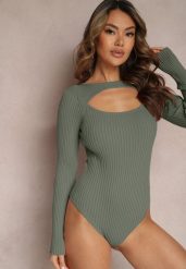 Zielone Body Prążkowane z Wycięciem na Dekolcie Kisse. Zielone body i gorsety Renee, bez wzorów, z dzianiny. Za 49.99 zł.
