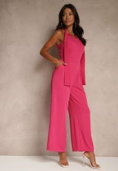 Fuksjowy Kombinezon Wide Leg z Ozdobnym Wiązaniem przy Szyi Silelia. Czerwone sukienki damskie Renee, bez wzorów, eleganckie, bez ramiączek. W wyprzedaży za 111.99 zł.