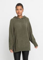 Sweter z kapturem, z polaru baranka. Zielone swetry klasyczne damskie bonprix, na zimę, z polaru, bez kołnierzyka. Za 127.99 zł.