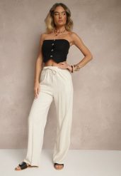 Jasnobeżowe Lniane Spodnie High Waist z Wiskozą o Szerokim Fasonie Zellimia. Brązowe spodnie materiałowe damskie Renee, bez wzorów, z jeansu. Za 59.99 zł.