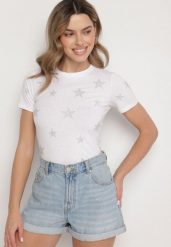 Biały Bawełniany T-shirt z Cyrkoniowymi Aplikacjami w Gwiazdki Tenivella. Białe t-shirty damskie Born2be, l, z aplikacjami, z bawełny, bez kołnierzyka. Za 34.99 zł.