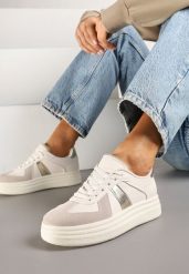 Beżowo-Złote Sneakersy na Platformie Ozdobione Paskami ze Sznurowaniem Bormi. Brązowe obuwie sportowe damskie Renee, z jeansu, bez zapięcia. Za 79.99 zł.