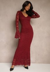 Bordowa Dopasowana Sukienka Zdobiona Koronką z Rozszerzanym Dołem Hannalis. Czerwone sukienki damskie Renee, z aplikacjami, z koronki, eleganckie, bez ramiączek. W wyprzedaży za 111.99 zł.