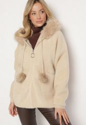 Beżowa Bluza z Wiskozą Wełną Kapturem Pomponami i Odpinanym Futerkiem Delavine. Brązowe bluzy damskie Born2be, l, bez wzorów, z jeansu. Za 229.99 zł.