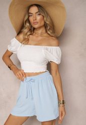 Jasnoniebieskie Szorty o Luźnym Kroju High Waist z Gumką w Talii Vimallora. Niebieskie szorty damskie Renee, bez wzorów, z podwyższonym stanem. Za 39.99 zł.