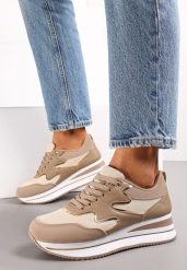 Ciemnobeżowe Sznurowane Sneakersy na Płaskiej Grubej Podeszwie z Brokatem Sincla. Brązowe obuwie sportowe damskie Renee, bez zapięcia. Za 109.99 zł.