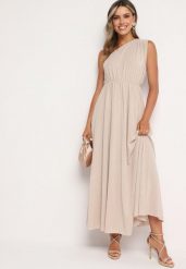 Beżowa Plisowana Sukienka o Asymetrycznym Fasonie z Gumką w Talii Naeana. Brązowe sukienki damskie Born2be, bez wzorów, eleganckie, bez ramiączek. Za 159.99 zł.
