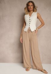 Ciemnobeżowe Szerokie Spodnie z Wiskozy High Waist Naivella. Brązowe spodnie materiałowe damskie Renee, bez wzorów, z jeansu. Za 39.99 zł.