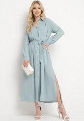 Niebieska Rozpinana Sukienka Koszulowa z Regulowanymi Rękawami Grimoire. Niebieskie sukienki damskie Born2be, bez wzorów, eleganckie, bez ramiączek. W wyprzedaży za 110.49 zł.