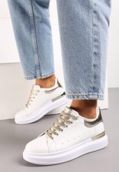 Biało-Złote Sneakersy na Platformie z Metaliczną Wstawką i Brokatowymi Sznurówkami Wuriana. Białe obuwie sportowe damskie Born2be, bez zapięcia. Za 84.99 zł.