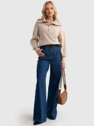 Sweter damski z rozpinanym golfem beżowy Pulina 801. Brązowe golfy damskie Big Star, l, z jeansu, bez kołnierzyka. W wyprzedaży za 199.99 zł.
