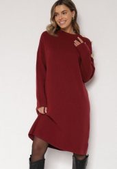 Bordowa Sweterkowa Sukienka Pudełkowa Ozdobiona z Boku Guzikami Tustina. Czerwone sukienki damskie Born2be, bez wzorów, z dzianiny, eleganckie, bez ramiączek. Za 119.99 zł.