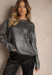 Czarno-Srebrny Klasyczny Sweter o Pudełkowym Kroju Ozdobiony Metalicznym Połyskiem Evaniae. Czarne swetry klasyczne damskie Renee, bez kołnierzyka. Za 139.99 zł.