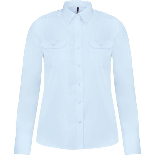 Koszula damska z długim rękawem Kariban Pilote. Niebieskie koszule damskie KARIBAN, bez wzorów, bez kołnierzyka, bez ramiączek. Za 161.50 zł.