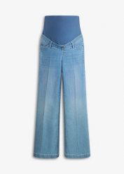 Szerokie jeansy ciążowe z elastycznego denimu, pełna długość. Niebieskie jeansy damskie bonprix, moda ciążowa. Za 189.99 zł.