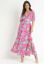 Różowo-Zielona Sukienka Maxi z Rękawem Typu Nietoperz Alexania. Czerwone sukienki damskie Born2be, bez wzorów, bez ramiączek. Za 189.99 zł.