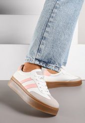 Biało-Różowe Sneakersy na Kauczukowej Podeszwie Ozdobione Paskami Nilimea. Białe obuwie sportowe damskie Renee, z jeansu, bez zapięcia. Za 79.99 zł.