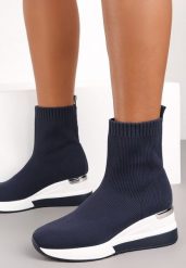 Granatowe Sneakersy Keiase. Niebieskie obuwie sportowe damskie Renee, prążkowane, za kostkę, bez zapięcia. Za 129.99 zł.