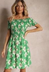 Zielona Rozkloszowana Sukienka Hiszpanka z Gumką w Talii w Kwiaty Nametris. Zielone sukienki damskie Renee, bez wzorów, z materiału, bez ramiączek. W wyprzedaży za 39.99 zł.