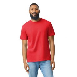Koszulka CVC Dla Dorosłych Unisex. Czerwone bluzki damskie GILDAN, bez wzorów, sportowe, bez kołnierzyka, bez ramiączek. Za 42.99 zł.