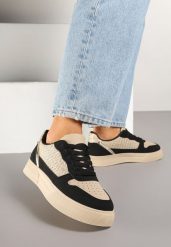 Beżowo-Czarne Sneakersy na Grubej Podeszwie z Brokatem Perforacją i Plecionką Mirreina. Brązowe obuwie sportowe damskie Born2be, z jeansu, bez zapięcia. Za 89.99 zł.