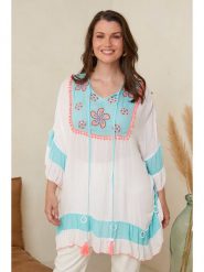 Curvy Lady Tunika w kolorze biało-niebieskim rozmiar: 44/46. Białe tuniki damskie Curvy Lady, bez wzorów, z wiskozy, klasyczne, bez kołnierzyka, bez ramiączek. Za 83.42 zł.