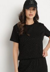 Czarny T-shirt z Wiskozą Ozdobiony Cyrkoniami Hirritia. Czarne t-shirty damskie Born2be, l, z aplikacjami, z jeansu, bez kołnierzyka. Za 79.99 zł.