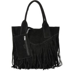 Shopperka boho skórzana VERA PELLE L83 czarna. Czarne torebki klasyczne damskie z materiału, zamszowe, bez dodatków. Za 175.99 zł.