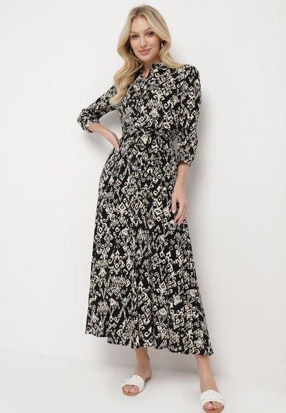 Czarna Sukienka Koszulowa z Wiskozy Ozdobiona Ornamentalnym Wzorem Hoarna. Czarne sukienki damskie Born2be, bez wzorów, z wiskozy, bez ramiączek. Za 109.99 zł.