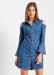 Sukienka dżinsowa. Niebieskie sukienki damskie bonprix, bez wzorów, bez ramiączek. Za 82.99 zł.