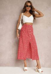 Czerwona Casualowa Spódnica Ozdobiona Guzikami i Wycięciem Fiada. Czerwone spódnice damskie Renee, na co dzień, m, bez wzorów, eleganckie, midi. Za 64.99 zł.