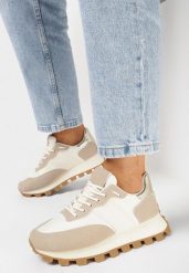 Beżowe Sneakersy na Grubej Podeszwie ze Żłobieniami i Przeszyciami Frilane. Brązowe obuwie sportowe damskie Born2be, bez zapięcia. Za 99.99 zł.