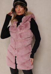 Różowa Pikowana Kamizelka z Futerkiem i Kapturem Weccaria. Czerwone kamizelki damskie Renee, l, bez wzorów, z futra. Za 149.99 zł.