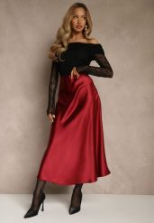 Bordowa Satynowa Midi Spódnica Rozkloszowana z Gumką w Pasie i Suwakiem Leose. Czerwone spódnice damskie Renee, l, bez wzorów, z satyny, midi. Za 109.99 zł.
