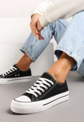 Czarno-Białe Klasyczne Sznurowane Trampki na Grubej Podeszwie Ravarella. Czarne trampki damskie Born2be, bez wzorów, z materiału, bez zapięcia. Za 44.99 zł.