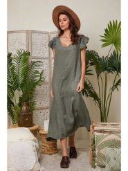 Lin Passion Lniana sukienka w kolorze khaki rozmiar: 36/38. Brązowe sukienki damskie Lin Passion, bez wzorów, ze lnu, klasyczne, bez ramiączek. Za 118.84 zł.