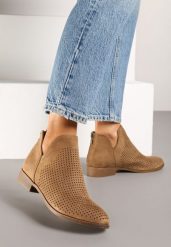 Ciemnobeżowe Płaskie Botki Vices z Wycięciem Felilia. Brązowe botki damskie Born2be, z jeansu, eleganckie, bez obcasa, na płaskiej podeszwie, bez zapięcia. Za 84.99 zł.