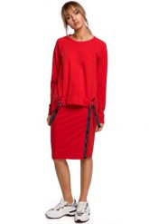 Asymetryczna Bluza z Lampasami - Czerwona. Czerwone bluzy damskie MOE, l, bez wzorów, z bawełny, bez kaptura. Za 229.90 zł.