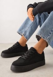 Czarne Chunky Sneakersy na Tłoczonej Platformie Trianne. Czarne obuwie sportowe damskie Renee, z jeansu, bez zapięcia, trekkingowe. Za 74.99 zł.