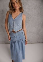 Niebieska Jeansowa Spódnica z Bawełny Ozdobiona Paskiem z Plecionki Ocearos. Niebieskie spódnice damskie Renee, l, w ażurowe wzory, z bawełny, eleganckie, midi. Za 189.99 zł.