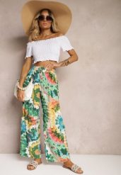 Zielone Wiskozowe Spodnie o Szerokim Kroju High Waist Tie Dye z Gumką w Talii Nalflea. Zielone spodnie materiałowe damskie Renee, bez wzorów, z jeansu. Za 49.99 zł.