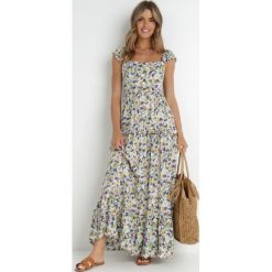 Biało-Fioletowa Sukienka Maibe. Białe sukienki damskie Born2be, z aplikacjami, z tkaniny, boho, bez ramiączek. Za 159.99 zł.