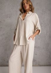 Jasnobeżowy Komplet z Wiskozy i Lnu w Delikatne Prążki Koszula i Spodnie Wide Leg Cliffesa. Brązowe koszule damskie Renee, na lato, l, bez wzorów, ze lnu, bez kołnierzyka, bez ramiączek. Za 209.99 zł.