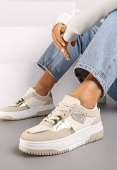 Beżowe Sneakersy z Brokatową Naszywką w Kształcie Serca Avioneria. Brązowe obuwie sportowe damskie Renee, z materiału, bez zapięcia. Za 79.99 zł.