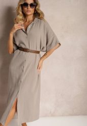 Ciemnobeżowa Muślinowa Sukienka z Bawełny o Pudełkowym Kroju Vimaristta. Brązowe sukienki damskie Renee, bez wzorów, z bawełny, eleganckie, bez ramiączek. Za 149.99 zł.