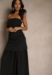 Czarna Sukienka Koktajlowa z Dekoltem Bandeau Ozdobiona Marszczeniem Folimmea. Czarne sukienki damskie Renee, bez wzorów, eleganckie, bez ramiączek. W wyprzedaży za 135.99 zł.