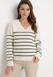 Beżowo-Czarny Pasiasty Sweter z Dekoltem w Serek Zdobiony Cekinami Tegiop. Brązowe swetry klasyczne damskie Born2be, l, bez kołnierzyka. Za 149.99 zł.