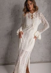 Beżowa Taliowana Sukienka z Koronki Zdobiona Wiązaniem przy Szyi Terienna. Brązowe sukienki damskie Renee, z aplikacjami, z koronki, bez ramiączek. Za 189.99 zł.